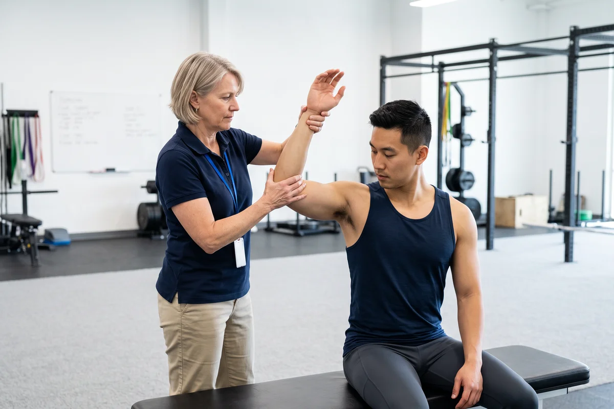 Therapist guiding a patient through a joint stability exercise at Ability Allies in Seacoast, NH
