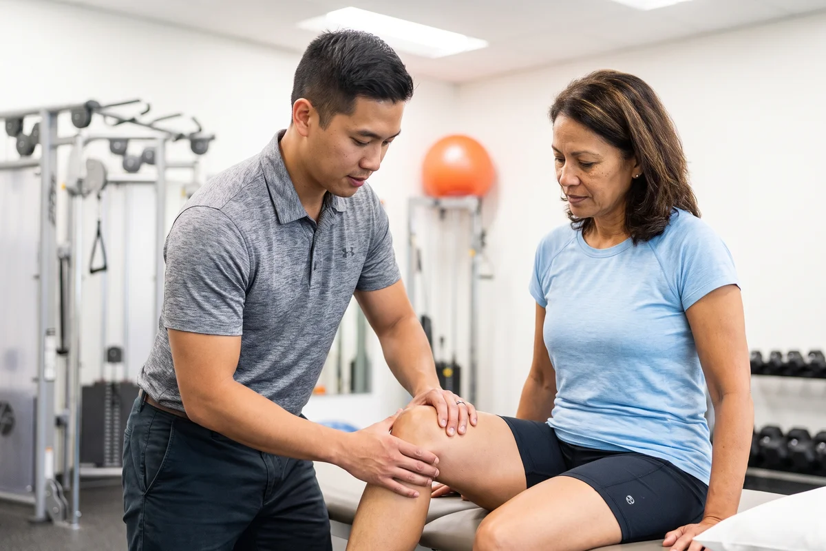 Physical therapist assessing a woman’s knee in a gym with free weights in the background